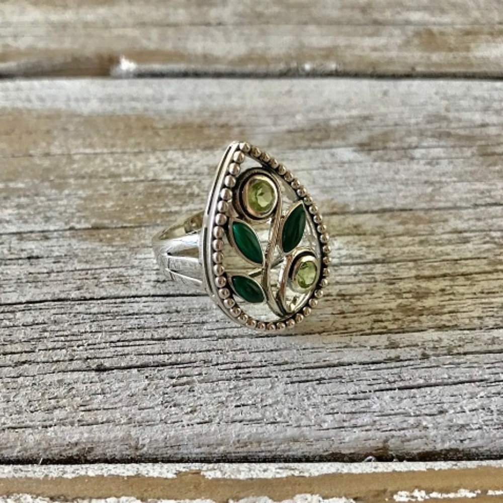 Oxidized Sterling Silver Peridot & Malachite Ring